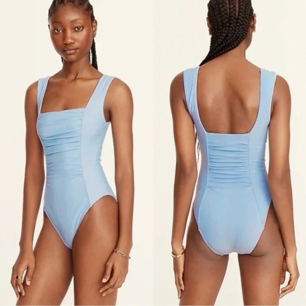 NWT J.Crew Ruched Squareneck One Piece Swimsuit Removable Cups 22 Baby Blue Mist